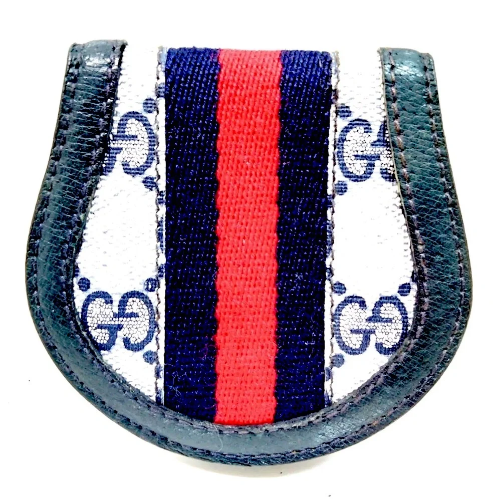GUCCI GG Supreme Ophidia Sherry Line Navy Leather Snap Coated Canvas Coin Case